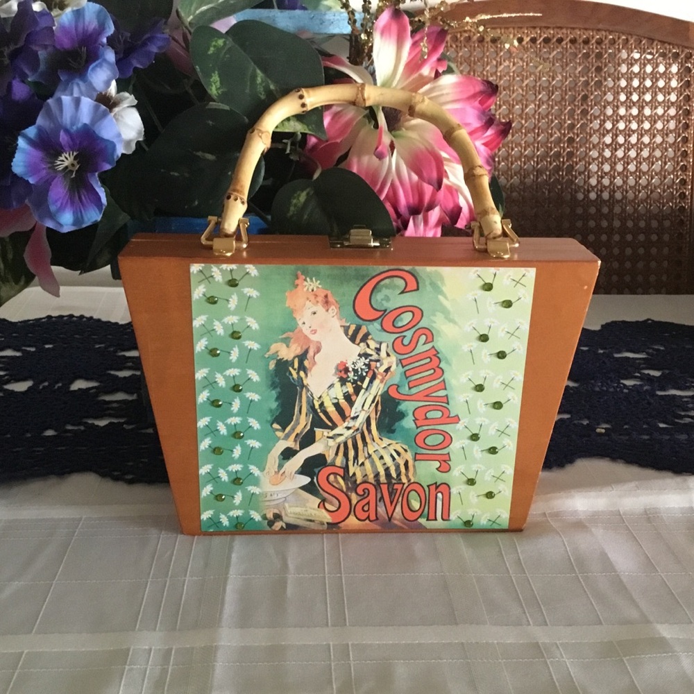 Vintage Orange Box Clutch with Bamboo Handle and Retro Graphic